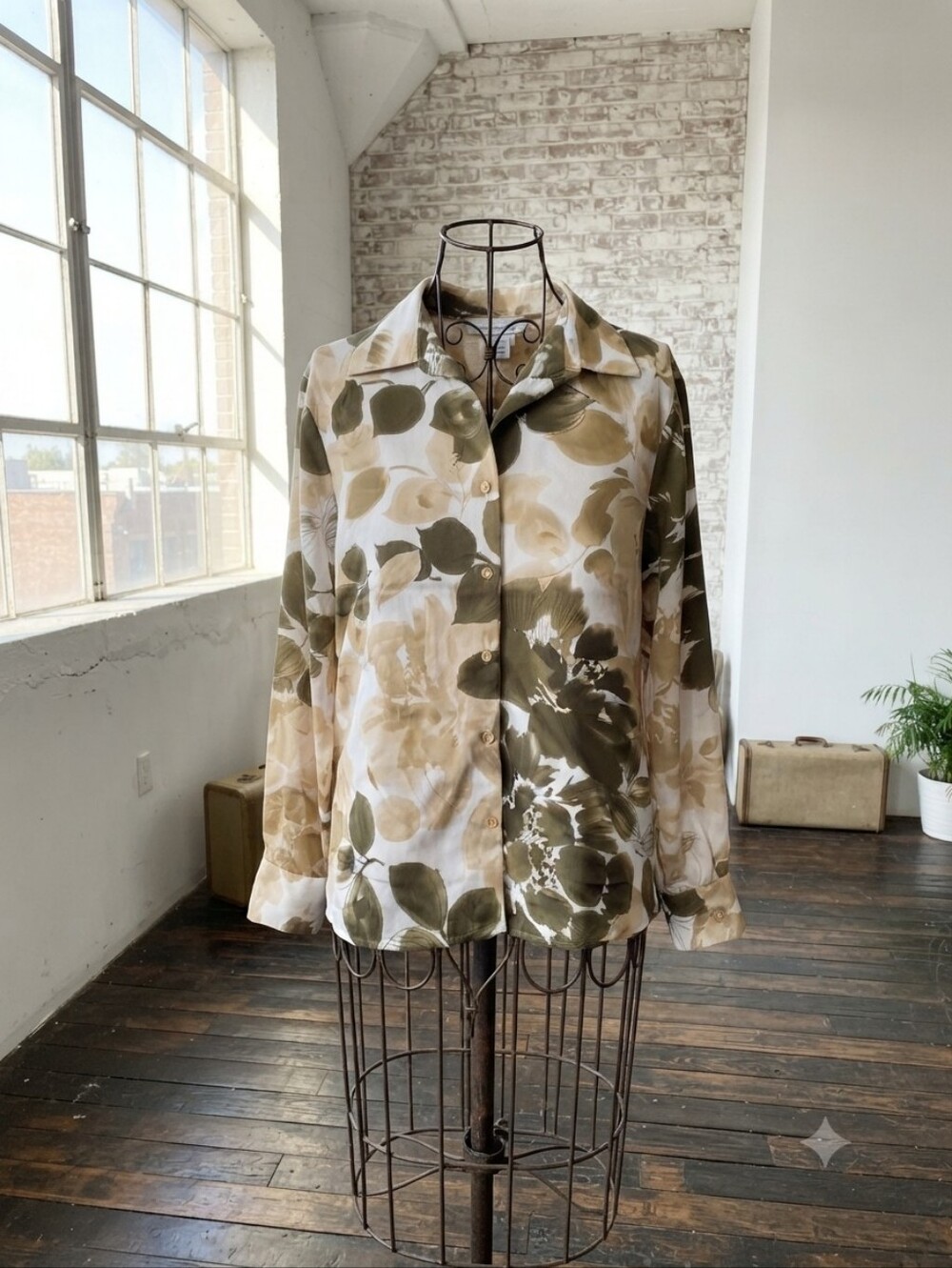 cupcakes & cashmere Olive and Cream Floral Button-Down Shirt